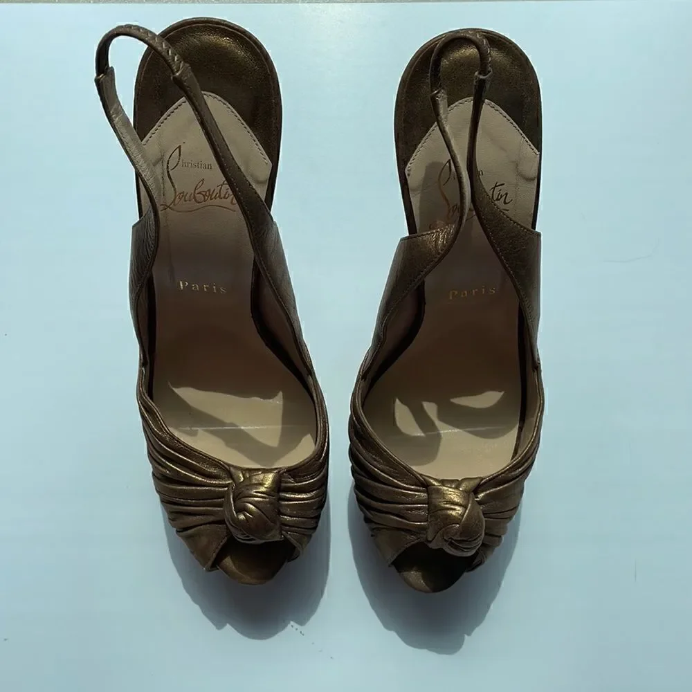 Christian Louboutin Peep Toe Golden Glam Bronze Leather Red Bottom Heels 40.5